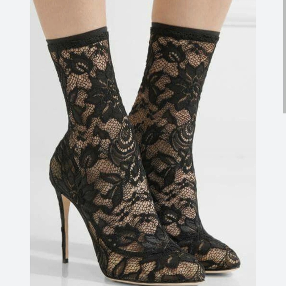 Vintage Dolce & Gabbana Black Stretch Lace High Heel Booties Size 35.5